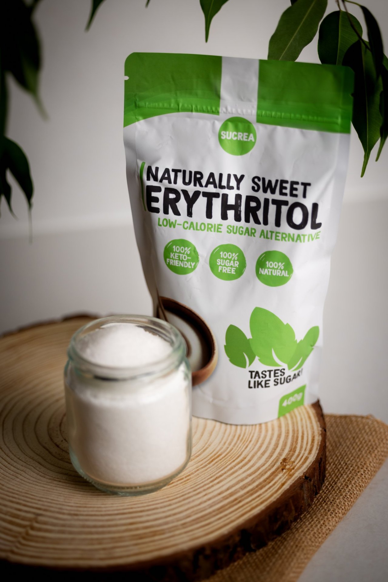 Sucrea pouch beside a jar of erythritol